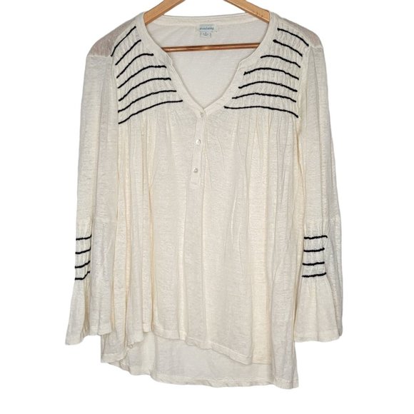 Sundance Tops - Sundance Small Linen Cream / Black Fluent Henley Bell Sleeve Embroidered‎ Top